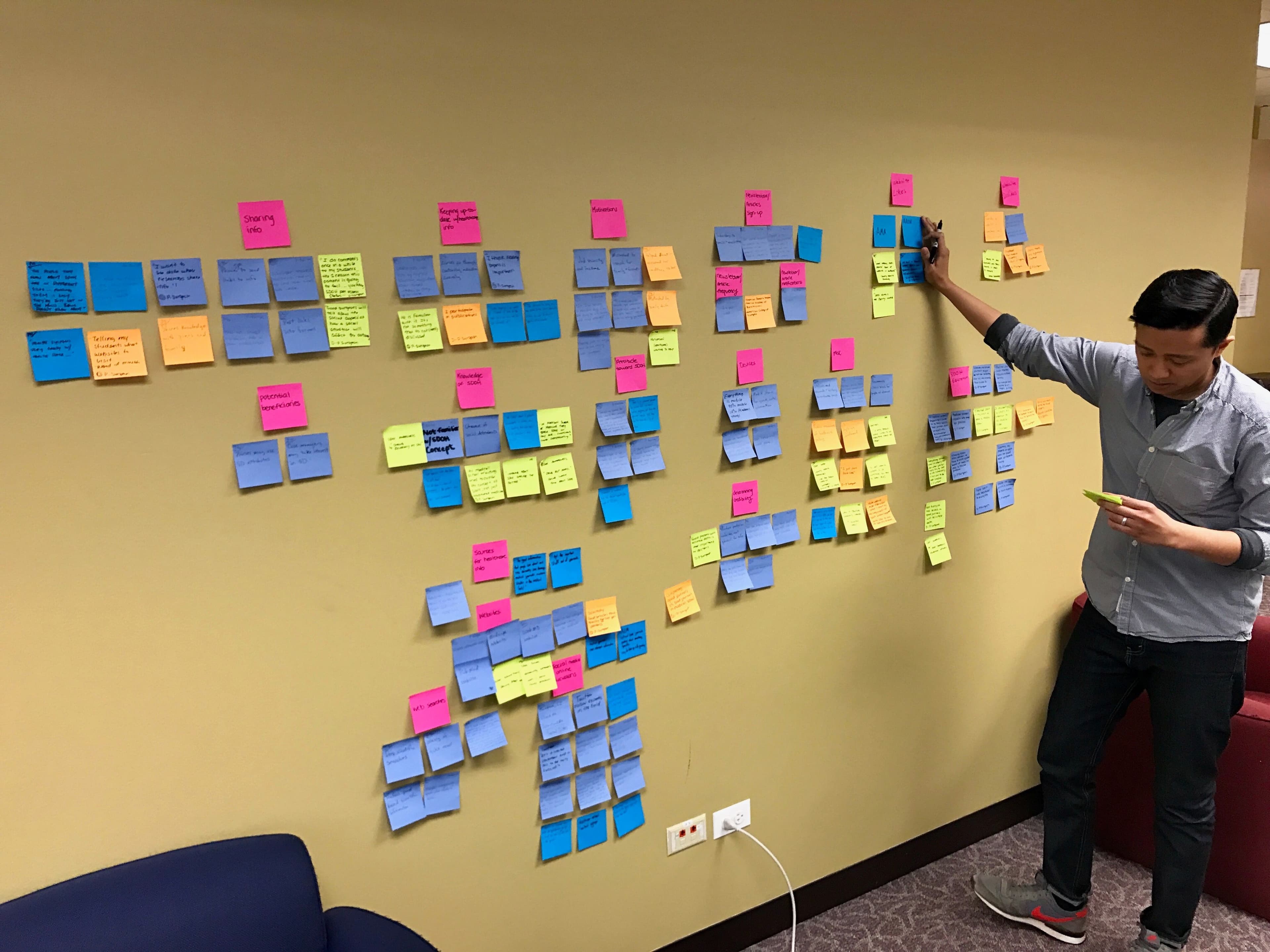 Team member next to wall of sticky notes containing user interview insights.