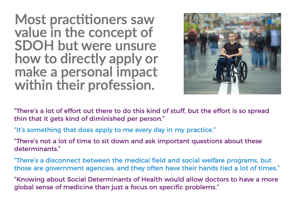 Screenshot of quotes and insights from interviewees on the impact of Social Determinants of Health.